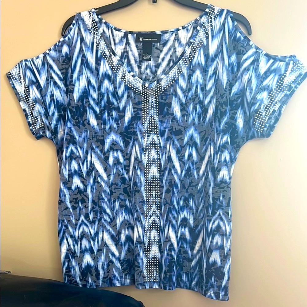 INC International Concepts Open Shoulder Blue Top Size L